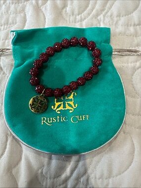 Rustic Cuff “Emerson” Garnet Red Faceted Bead Bracelet with Gold Charm w/ Pouch